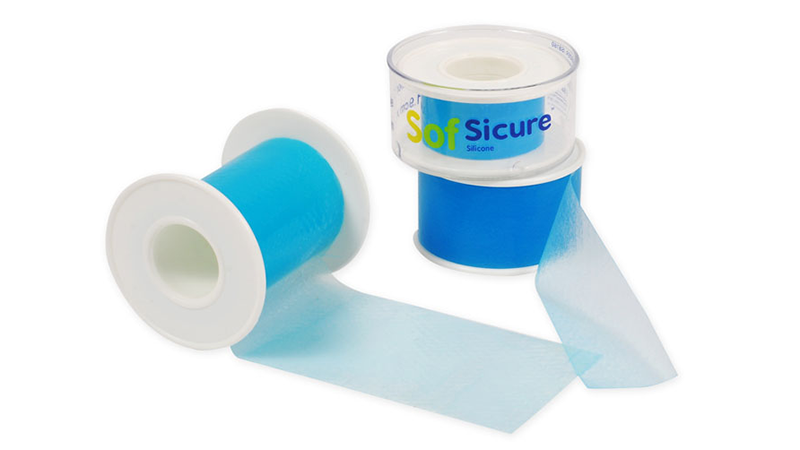 Two rolls of Sofsicure Silicone Fixation Tape, designed for gentle and water-resistant fixation. Sofsicure Silicone Fixation Tape conforms to the skin’s contours while maintaining adhesion integrity, making it ideal for various wound dressings and devices.